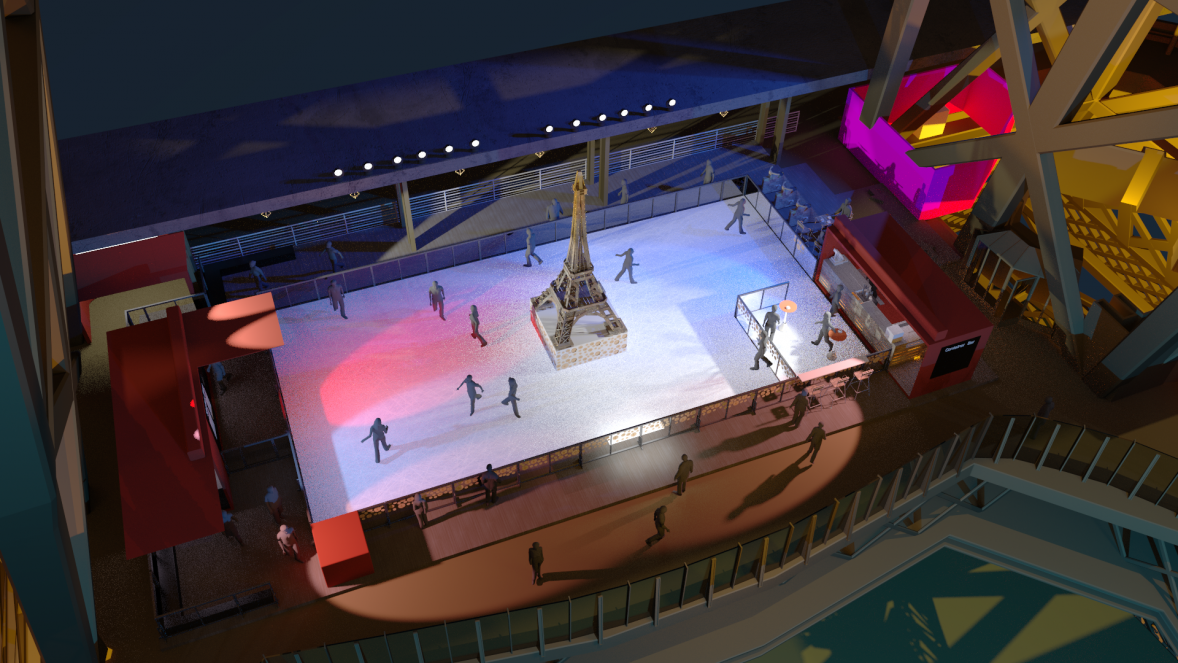 Vue aérienne Patinoire Tour Eiffel de nuit
